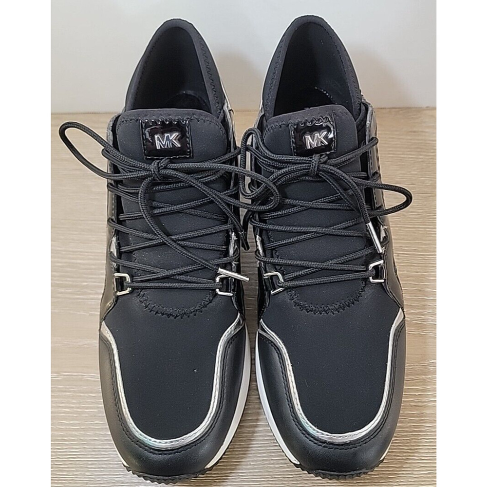 Michael Kors Black Scout Trainer Scuba Leather Wedge Sneakers Star Design Size 9